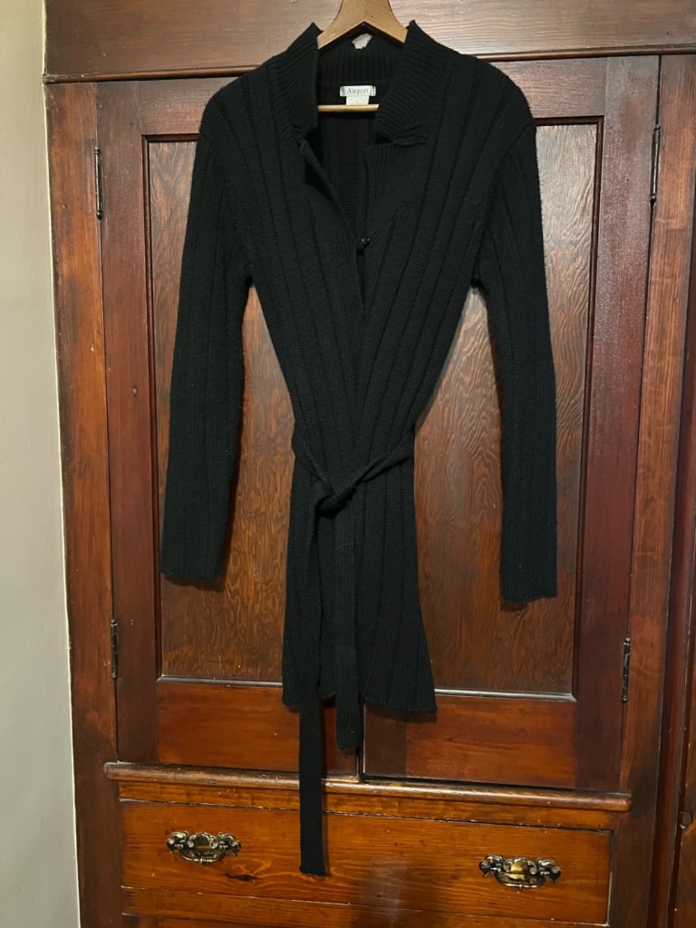 Airport Black Ribbed Knit Belted Cardigan